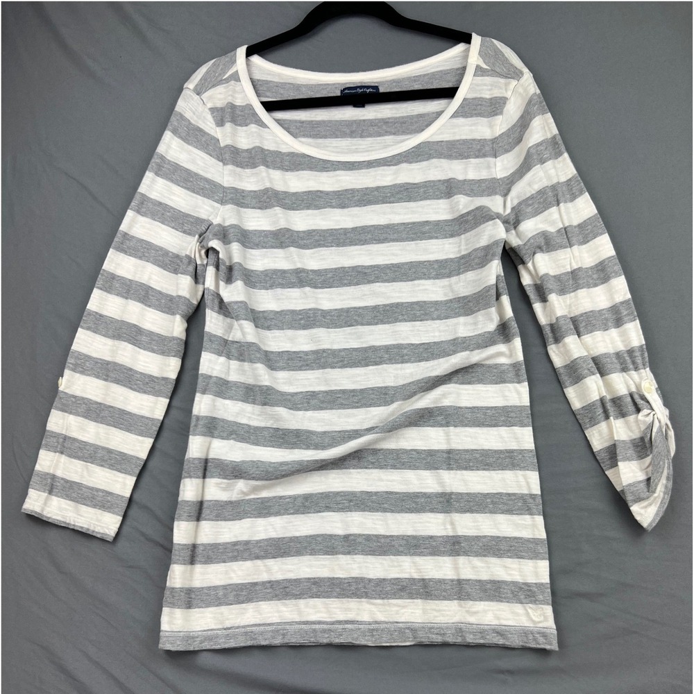 American Eagle Top Womens XL Grey White Striped Roll Tab Long Sleeve Shirt Good